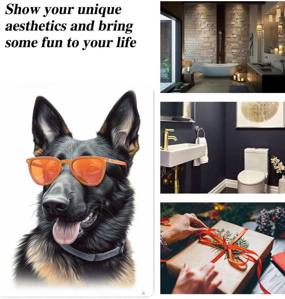 Cartel de metal con diseño de pastor alemán con gafas naranjas para el hogar, baño, decoración de animal, cueva de hombre, decoración de pared