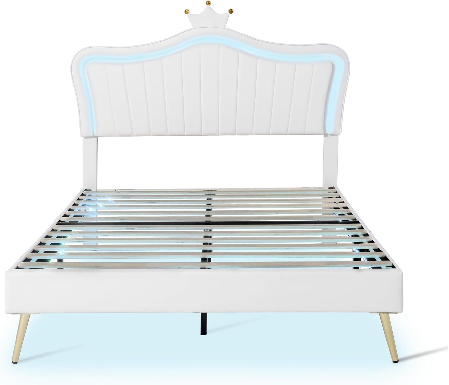 Cama de princesa tamaño Queen con luces LED, marco de cama para niños, con cabecero corona, plataforma tapizada para niños y adolescentes, no