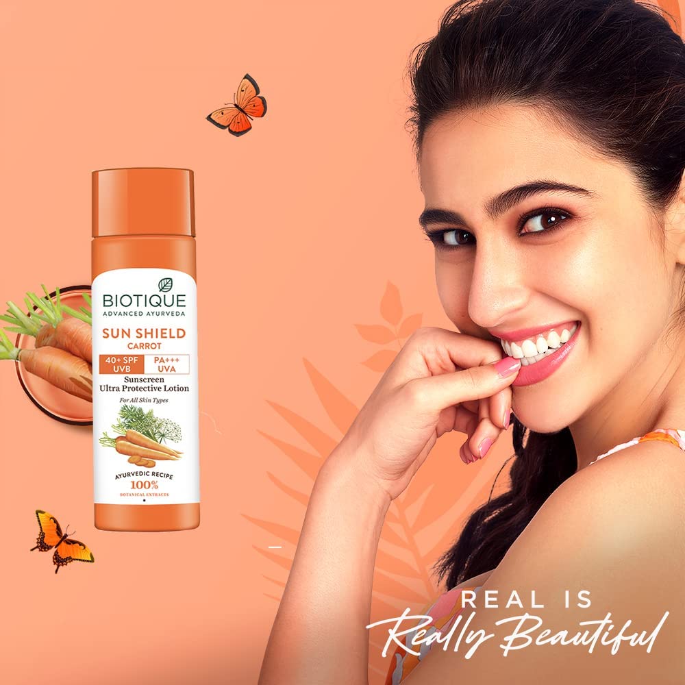 Biotique Loción solar facial y corporal SPF 40 – Zanahoria 4.1 fl oz