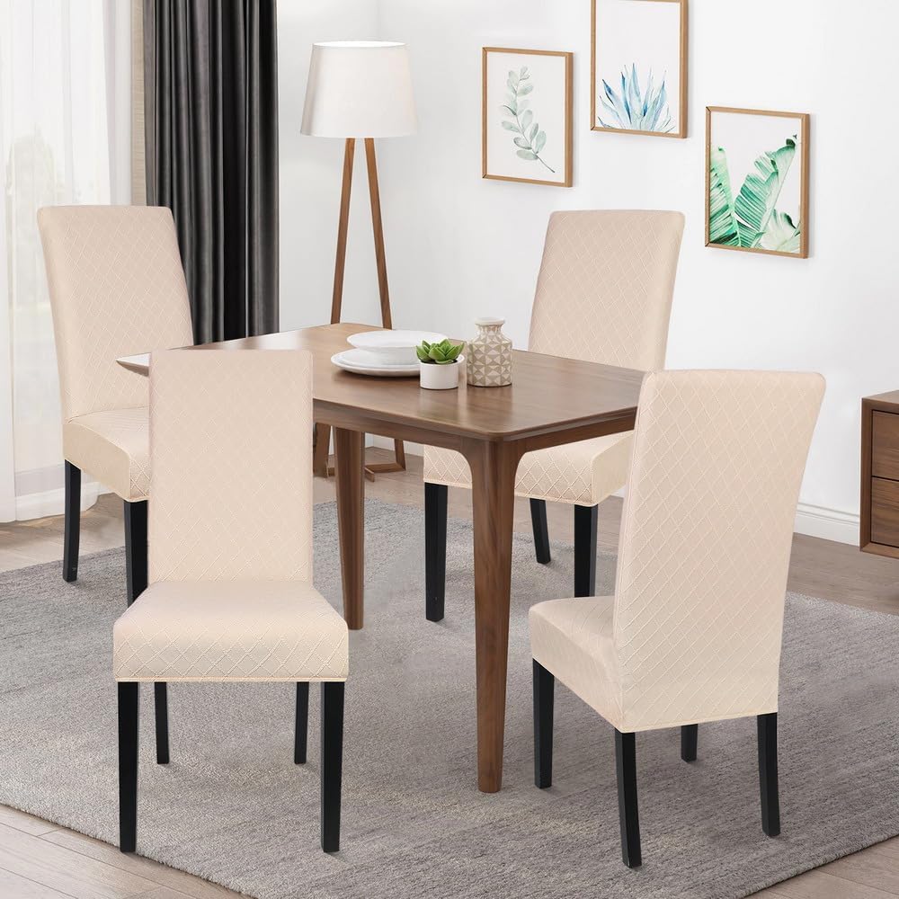 laamei Paquete de 6 fundas de jacquard para sillas de comedor, fundas elásticas para sillas de cocina, color beige, lavables, fundas extraíbles para