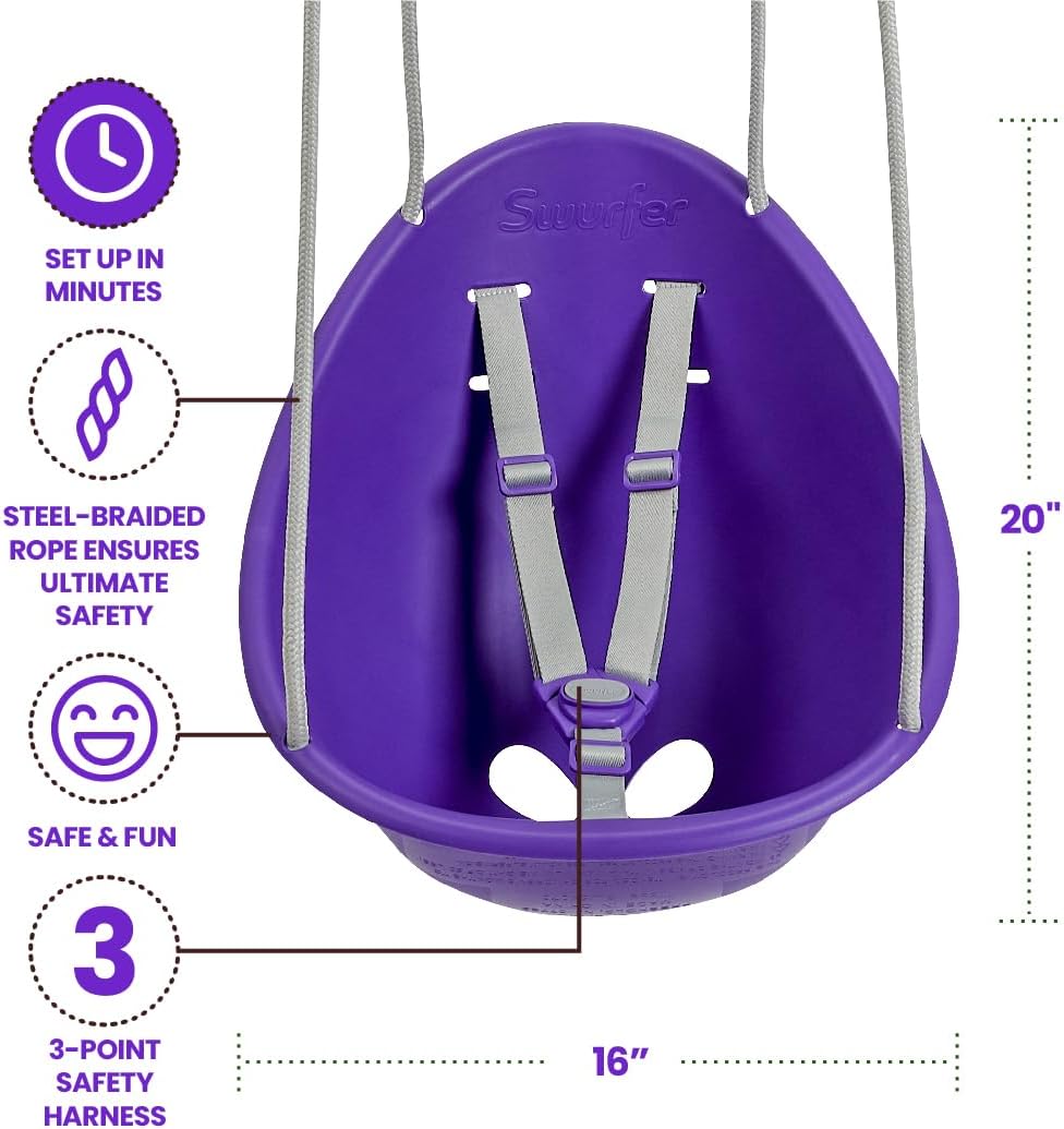 Swurfer Columpio de coco para niños pequeños, cómodo columpio para bebé al aire libre, arnés de seguridad ajustable de 3 puntos, sistema de bloqueo
