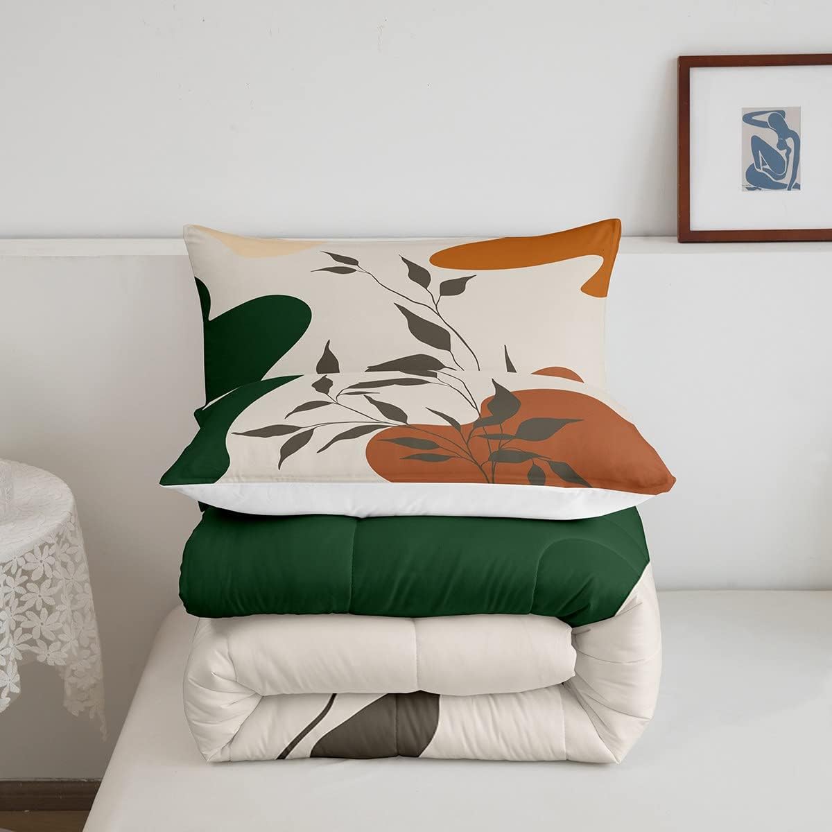 Juego de edredón de hojas, tamaño King, color naranja y verde, juego de ropa de cama para niños y niñas, retro, exótico, arte moderno, abstracto,