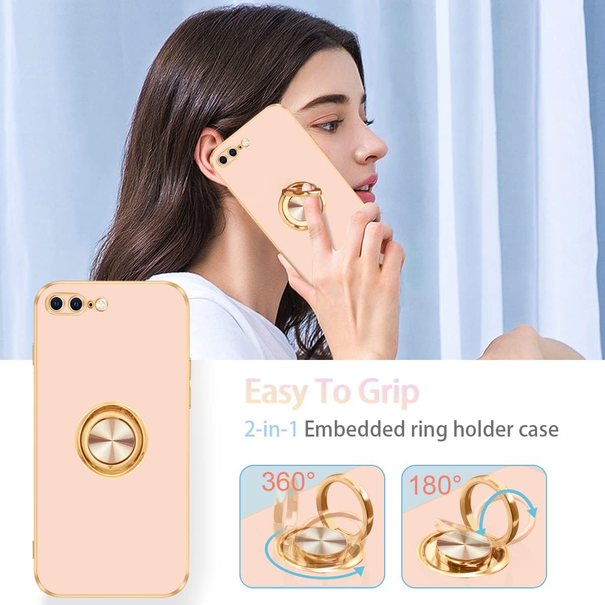 Fingic Funda para iPhone 7 Plus, iPhone 8 Plus con soporte de anillo, soporte delgado y delgado, soporte magnético para automóvil para mujeres y