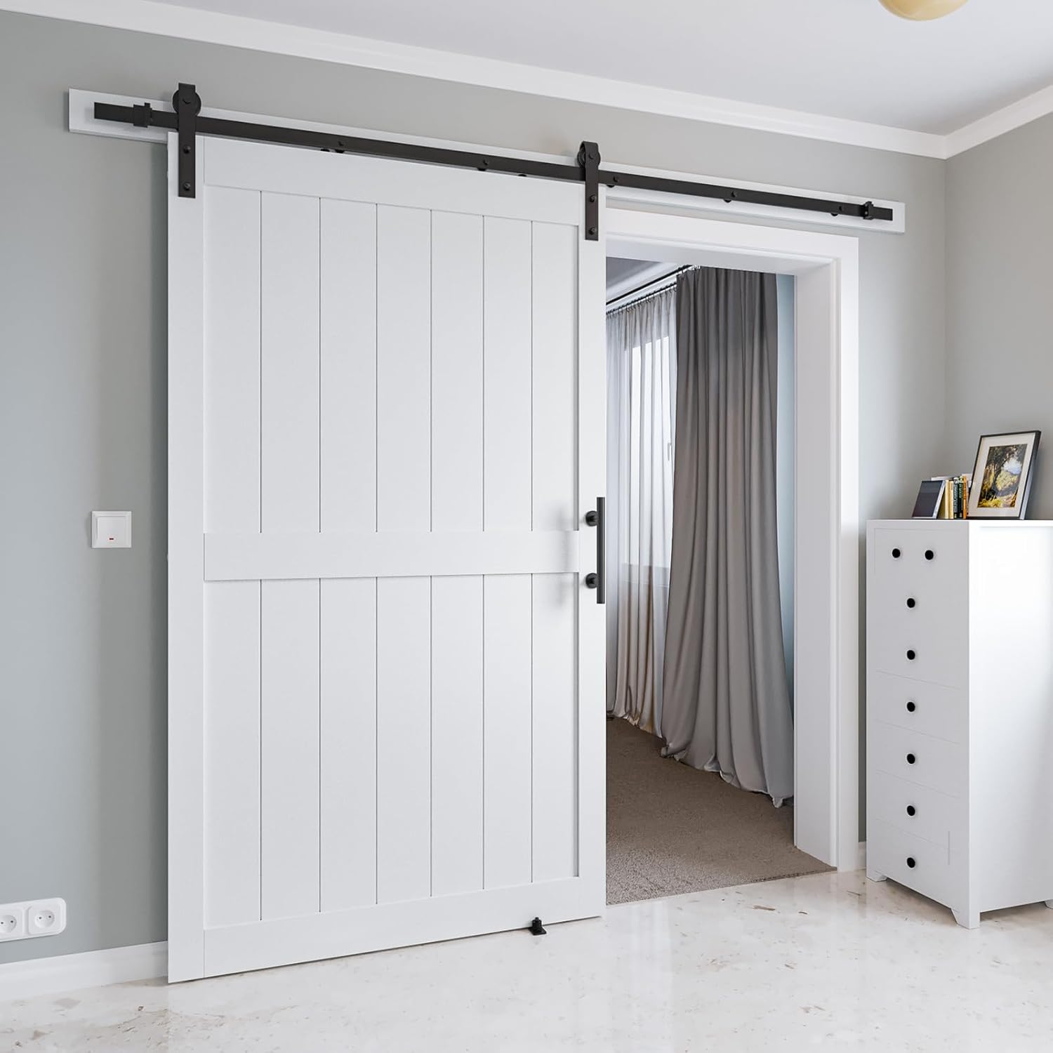 Puerta corrediza de granero MDF de 48 x 80 pulgadas con kit de herrajes para puerta de granero de 8 pies y asa, agujeros preperforados, fácil
