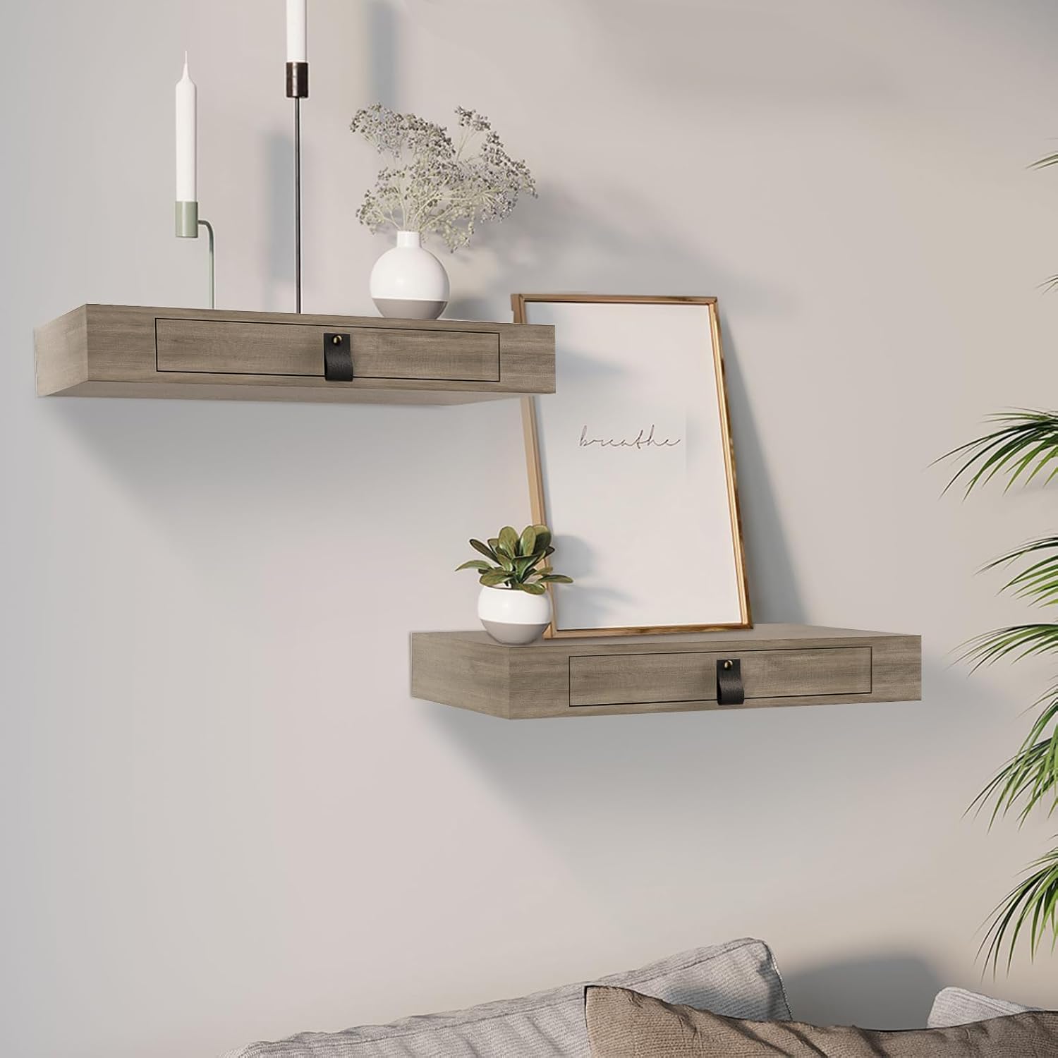 Juego de 2 estantes flotantes con cajón, mesita de noche flotante para dormitorio, estante de pared de 16 pulgadas, estante flotante con