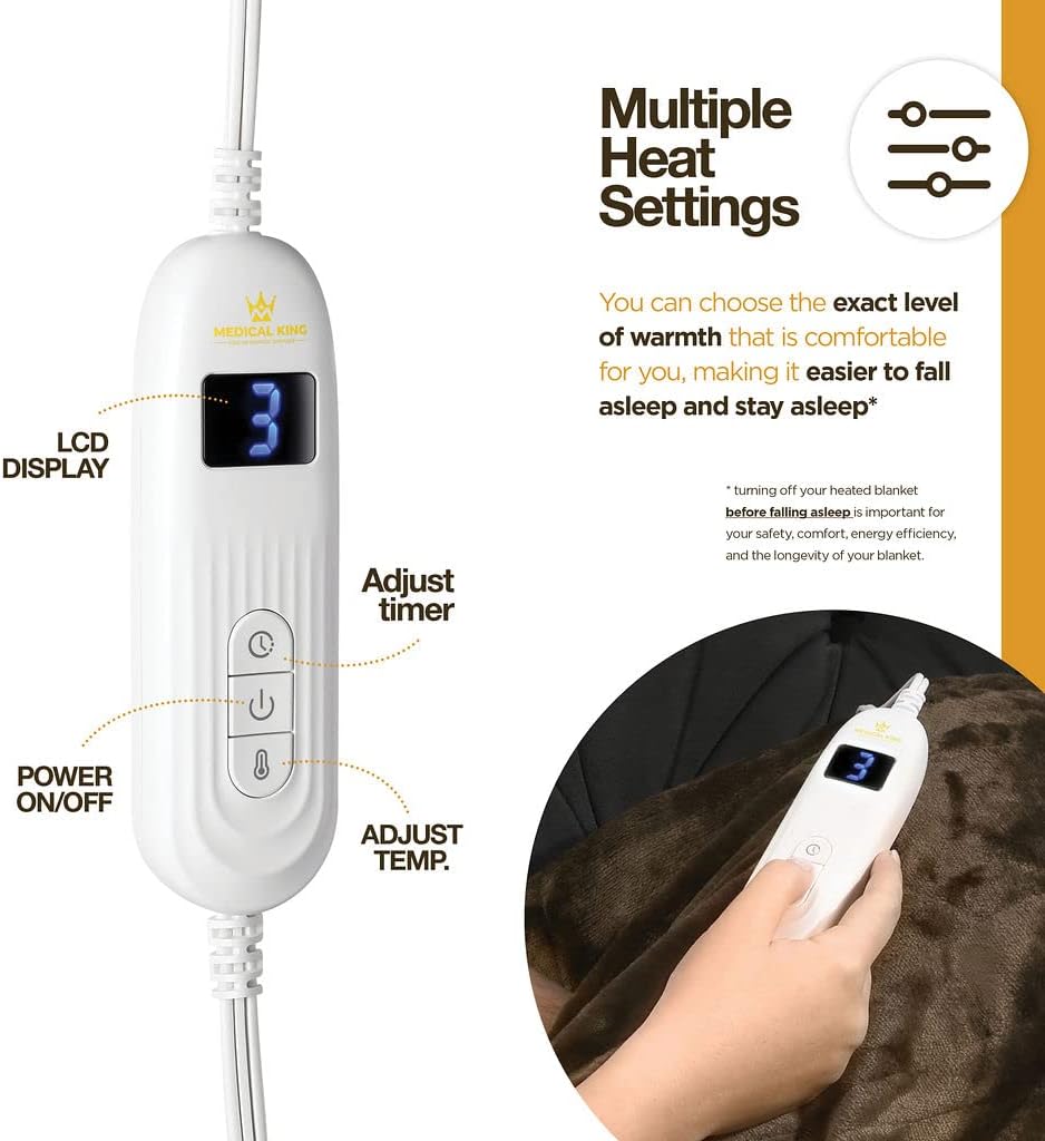 Medical king Manta térmica, lavable a máquina, extremadamente suave y cómoda, manta eléctrica, calentamiento rápido con controlador de mano, 10