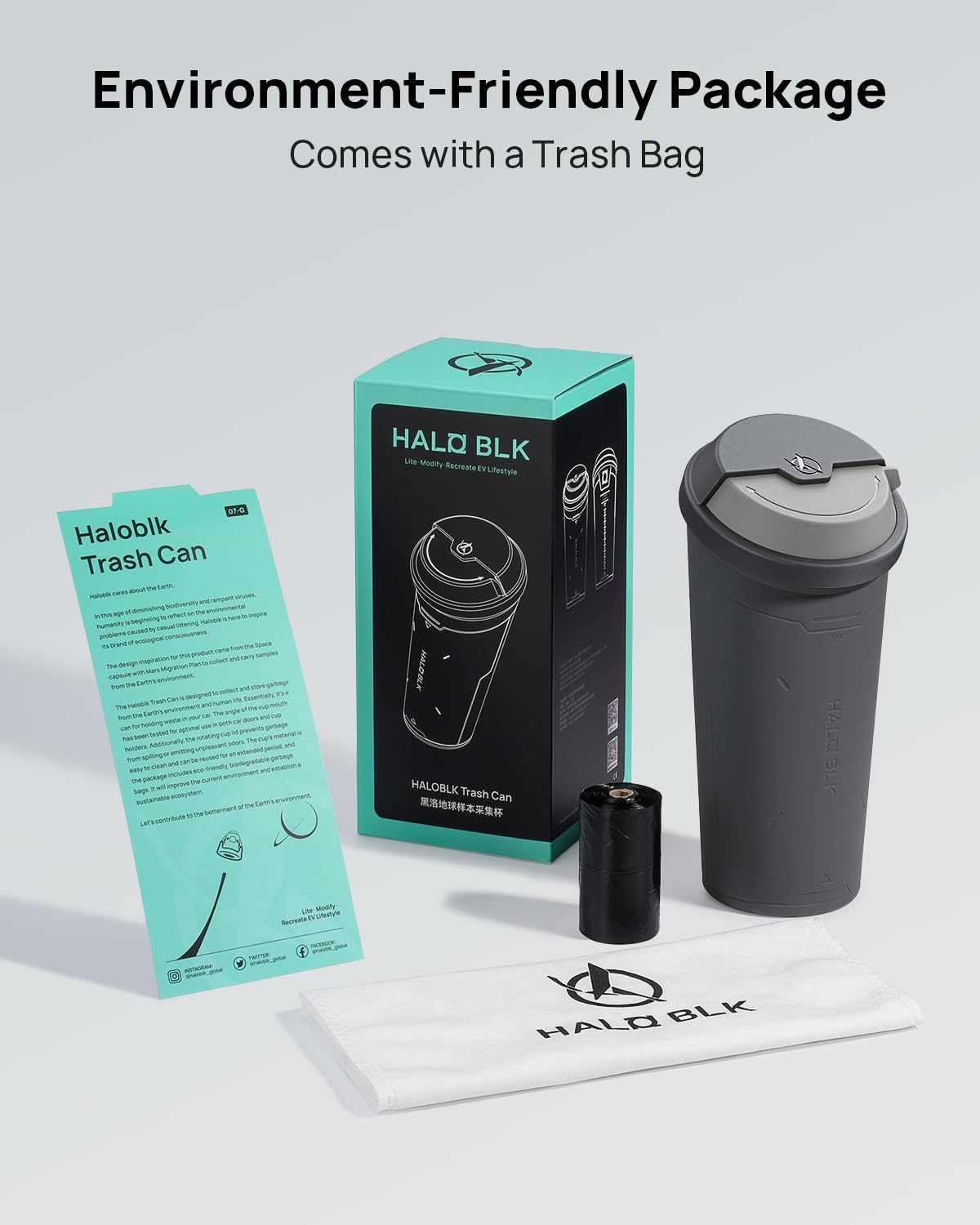 HALO BLK Cubo de basura Space Exploration Edition con tapa giratoria de 180 para Tesla Model 3YS, viene con 15 bolsas de basura biodegradables,