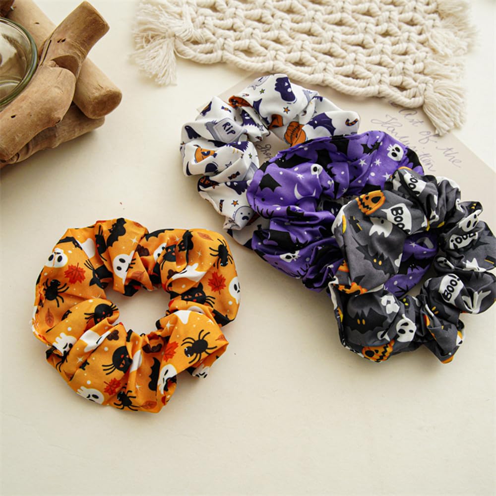 Coleteros de satén para el cabello de Halloween, accesorios para el cabello de calabaza, bandas elásticas de murciélago araña, bandas para el