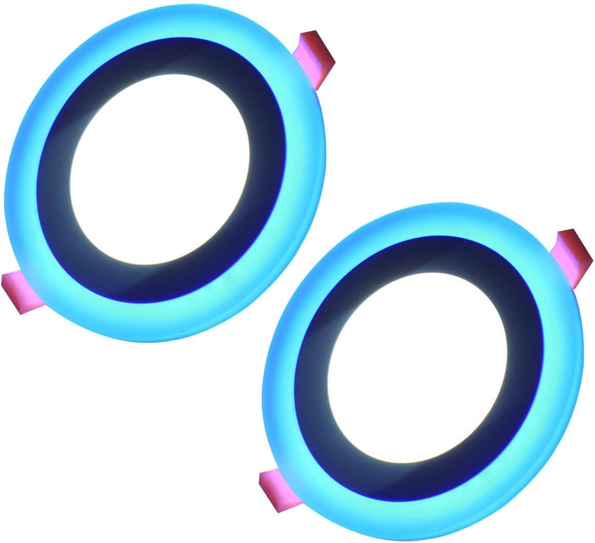 BOLXZHU Paquete de 2 luces LED de techo, luz LED redonda de doble color (blanco frío + azul), iluminación LED empotrable ultrafina, (12+4) W 7.7
