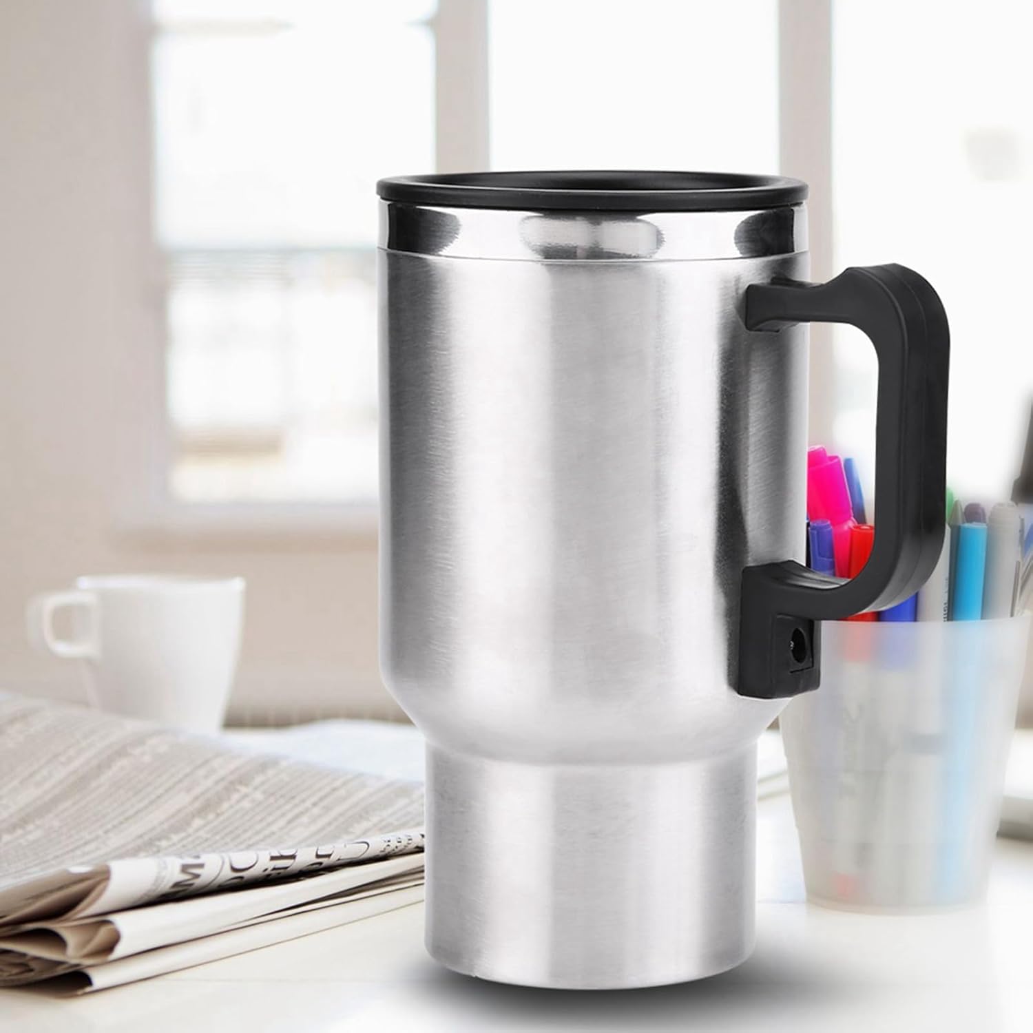 Taza de calefacción para automóvil, taza de calefacción de viaje de acero inoxidable de 12 V 15.2 fl oz, taza de calefacción eléctrica para viajes,