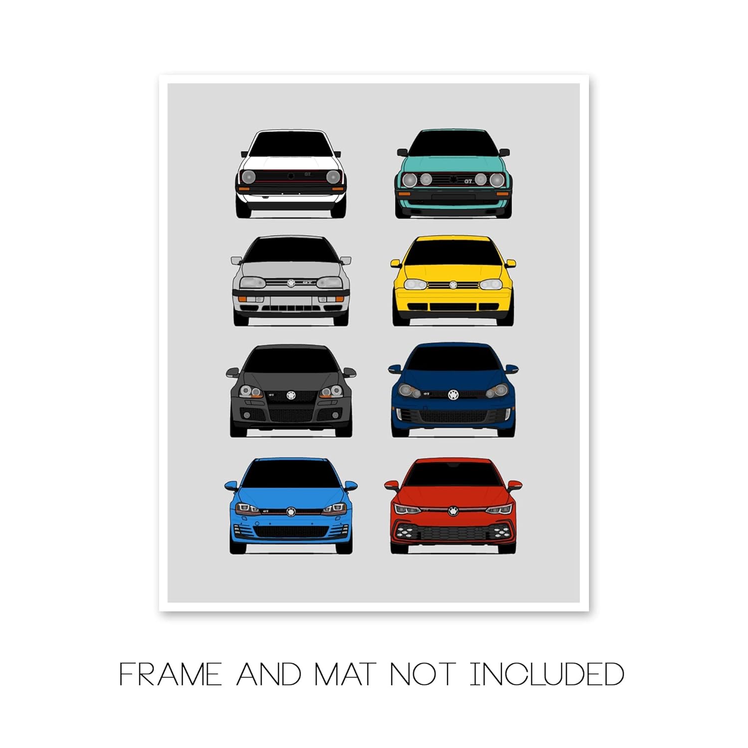 Volkswagen Golf GTI Generations Inspired Car Poster – Handmade Print of VW GTI (Car Models MK1 to MK8) – Multi, 17×22″ Metallic Print (Unframed) –