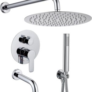 Sistema de ducha cromado grifo de ducha de lluvia con bañera de 10 pulgadas redondo de ducha y grifo de bañera incluye válvula de latón de tres Sistema de ducha cromado grifo de ducha de lluvia con bañera de 10 pulgadas redondo de ducha y grifo de bañera incluye válvula de latón de tres