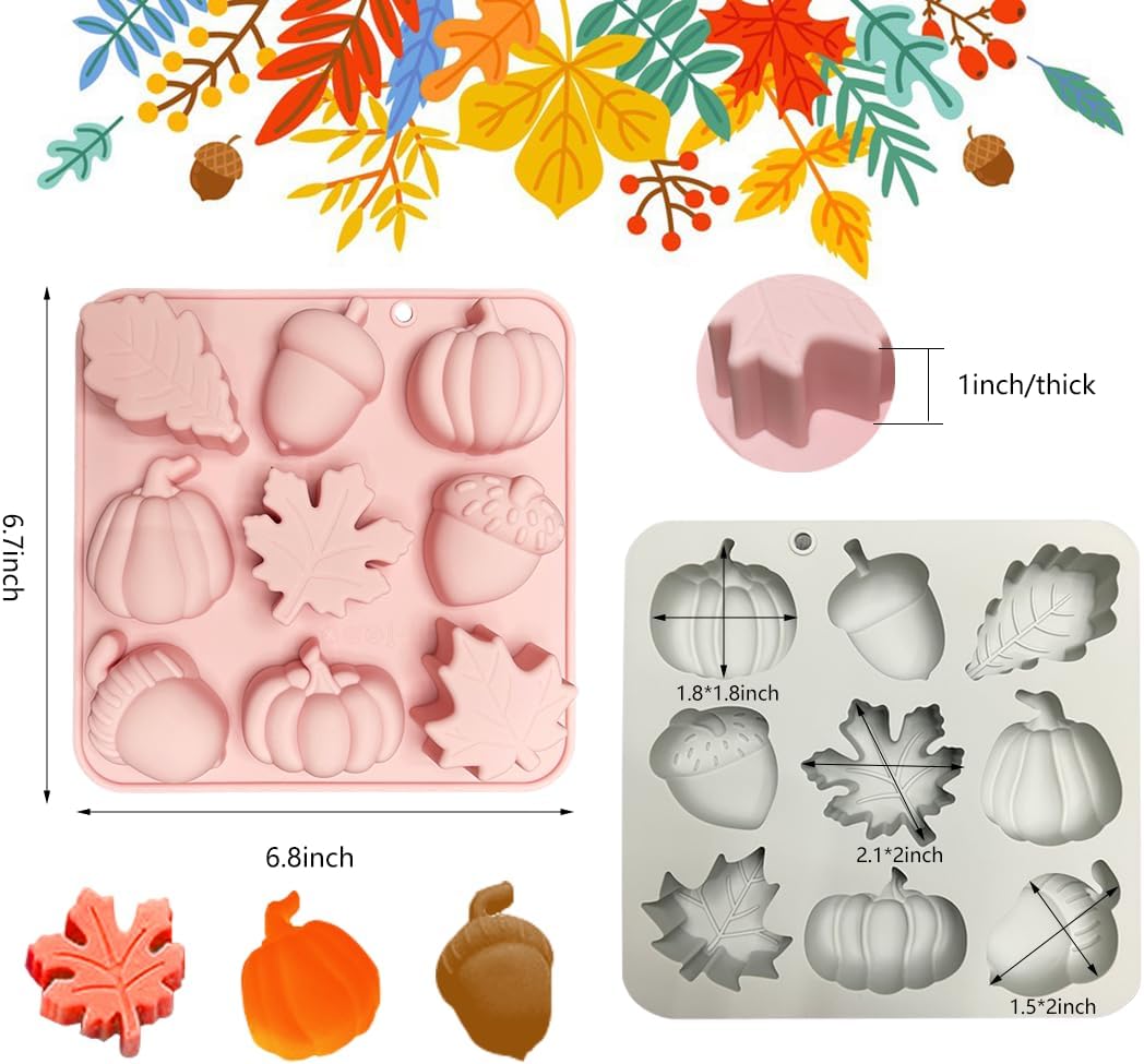 2 moldes de chocolate de otoño, molde de silicona 3D para Halloween, Acción de Gracias, calabaza, hoja de arce, bellota, fondant para caramelos,