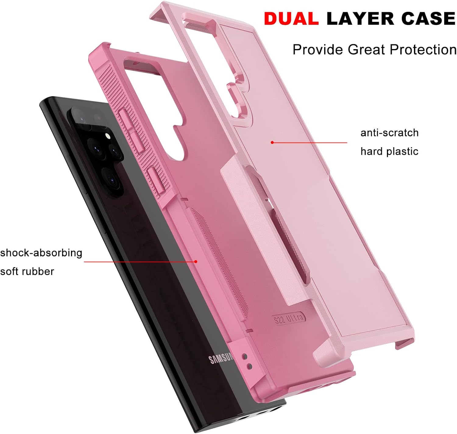 Funda para Galaxy S22 Ultra, protección contra caídas, doble capa híbrida de plástico duro + funda de goma de silicona suave para Samsung Galaxy S22