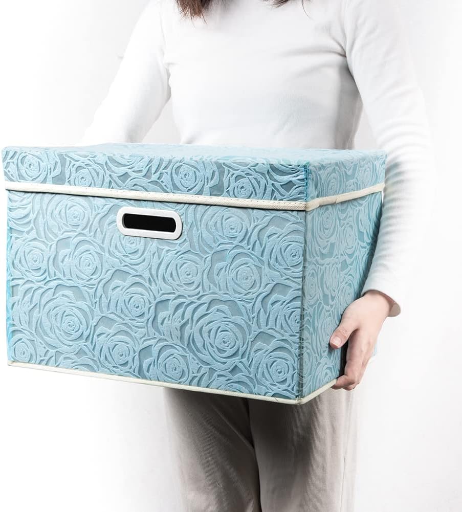 PRANDOM Cubos de almacenamiento plegables más grandes con tapas, cajas de almacenamiento decorativas de tela, canastas organizadoras con asas de