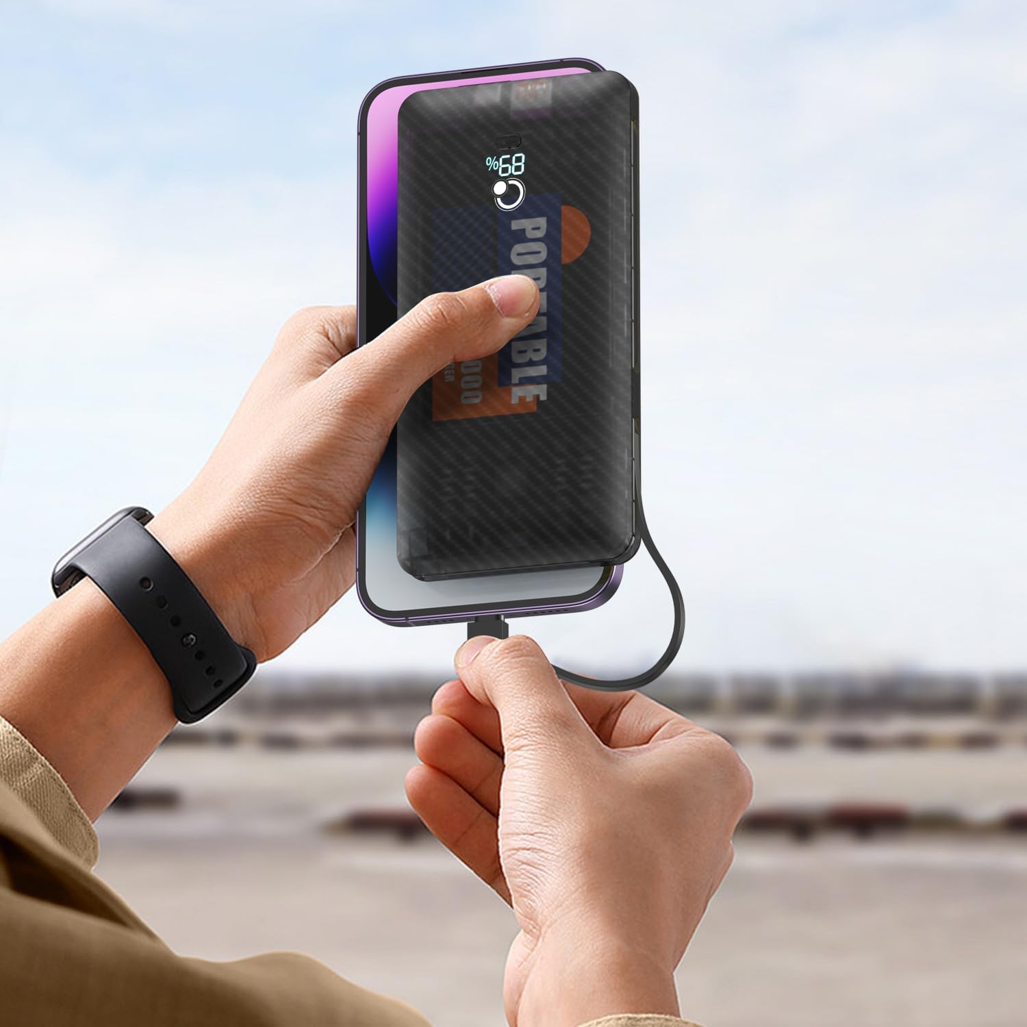 Cargador portátil de 10000 mAh con enchufe de pared de CA, cargador USB C delgado de carga rápida, batería externa tipo C con tres cables integrados