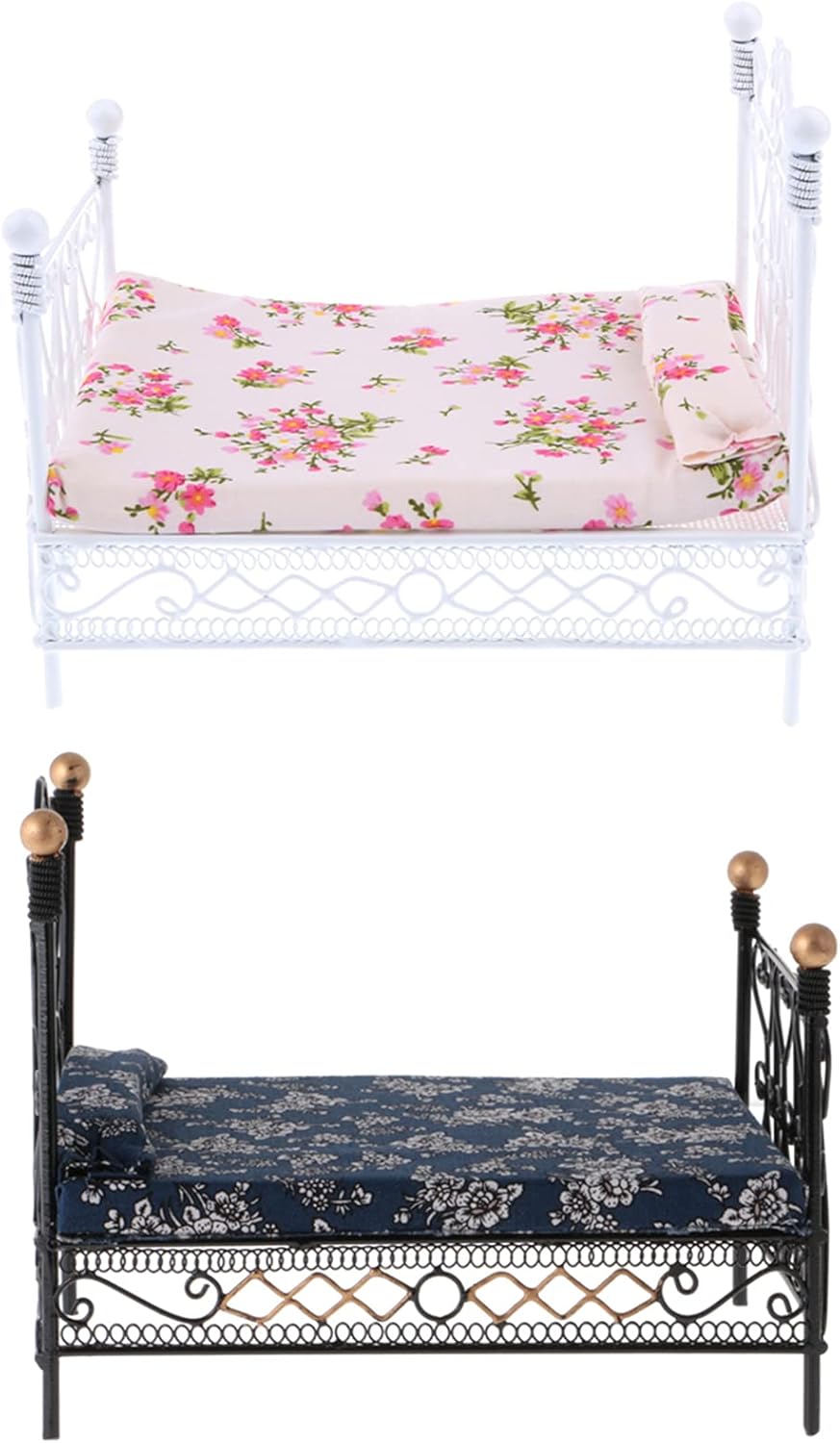 Cama de casa de muñecas de estilo europeo con colchón y almohada 1 a escala 12, casa de muñecas, muebles de casa de muñecas en miniatura, decoración