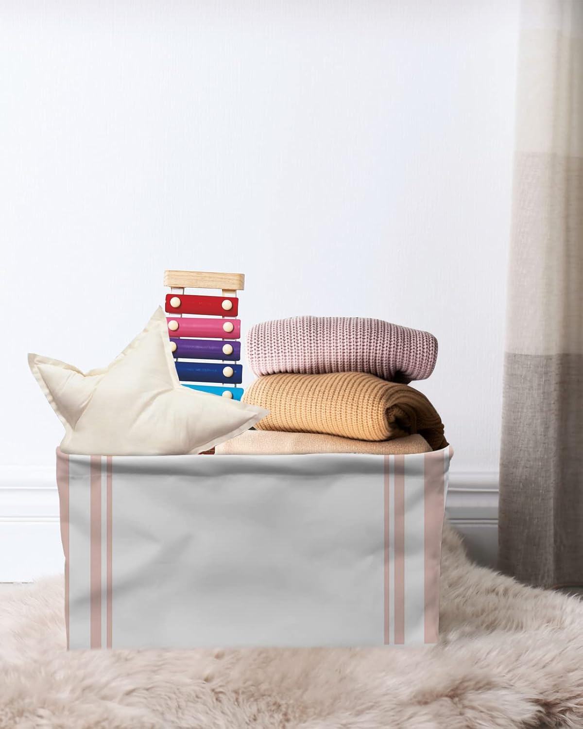 Pink Striped Storage Basket for Organizing Shelves, Collapsible Storage Bins Boxes with Handle, Modern White Striped Abstract Art Aesthetics Canvas