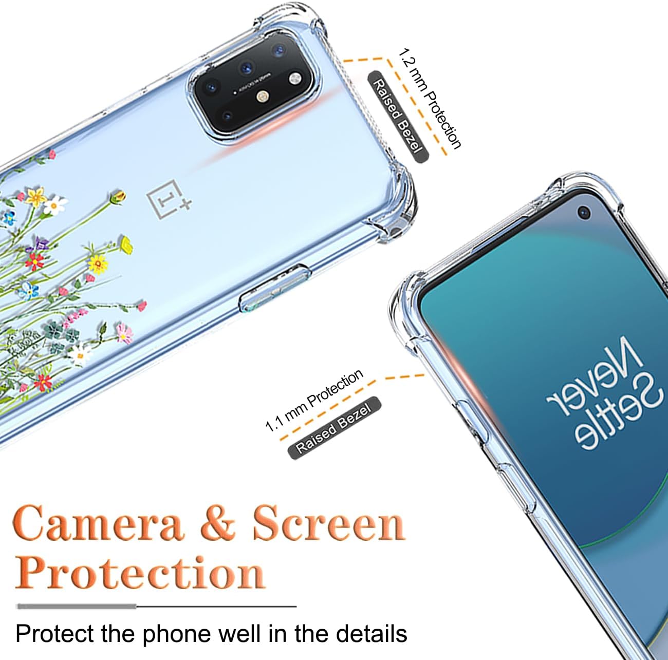 Funda para teléfono OnePlus 8T 5G, OnePlus 8T+ 5G KB2000 con protector de pantalla, funda transparente con patrones de jardín de flores, funda