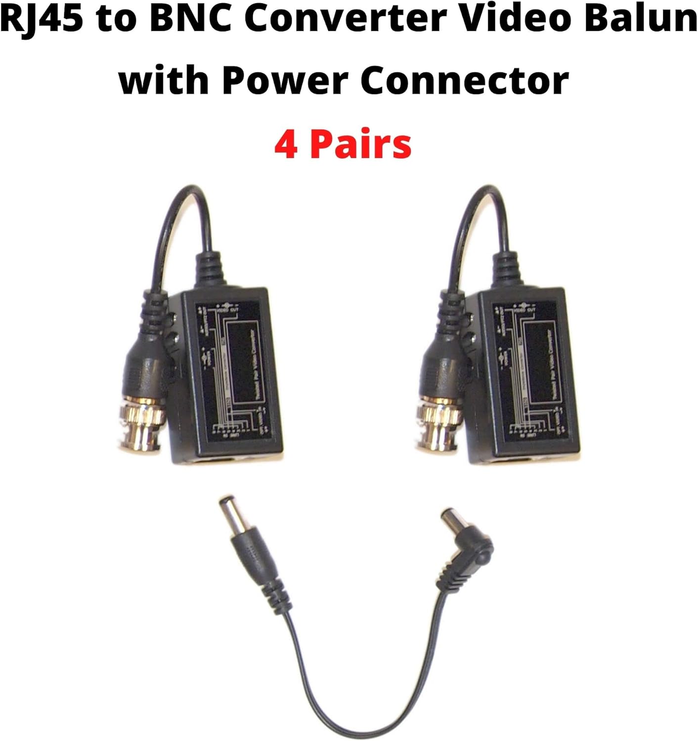 Evertech 4 pares (8 piezas) Balun de video pasivo con Power BNC a RJ45 Cable convertidor de video transmisor de potencia de audio a través de