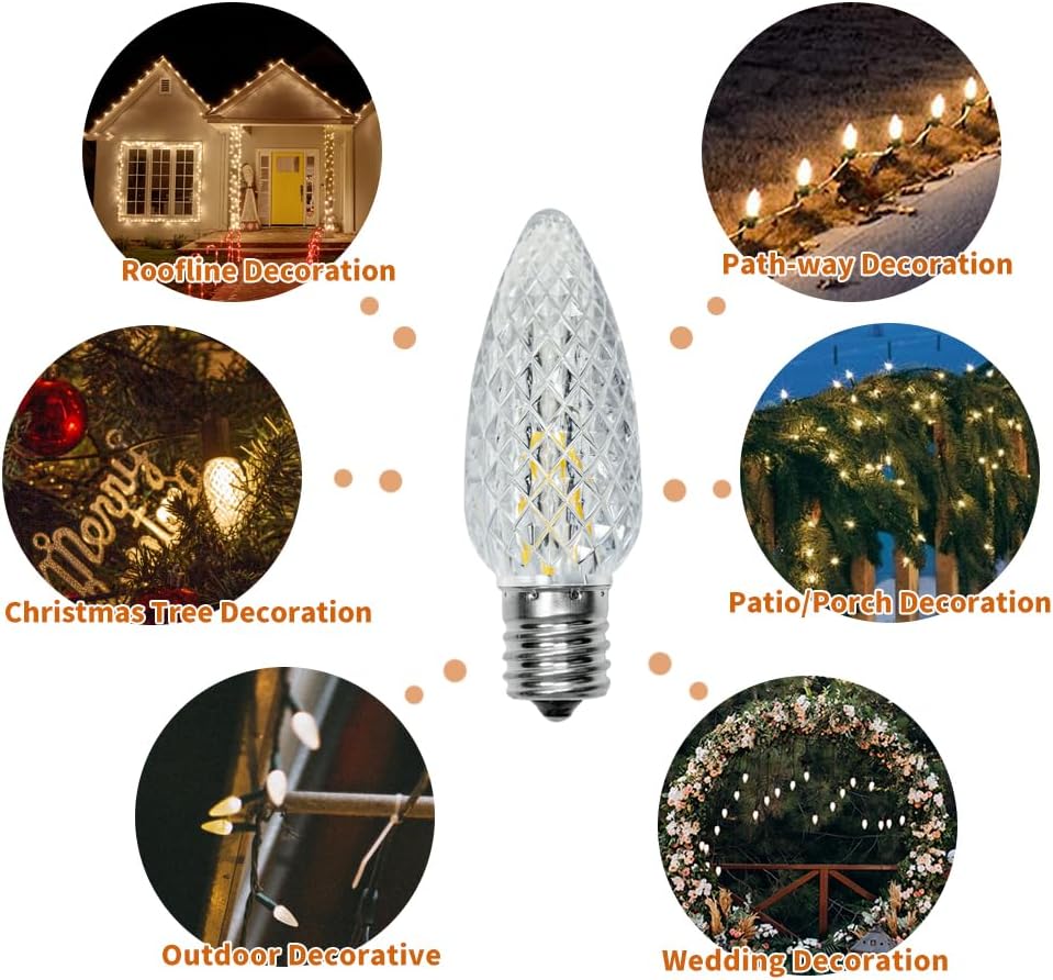 Paquete de 25 bombillas LED de repuesto de luces de Navidad C9, bombillas LED C9 de plástico inastillables e impermeables para tiras de luces al