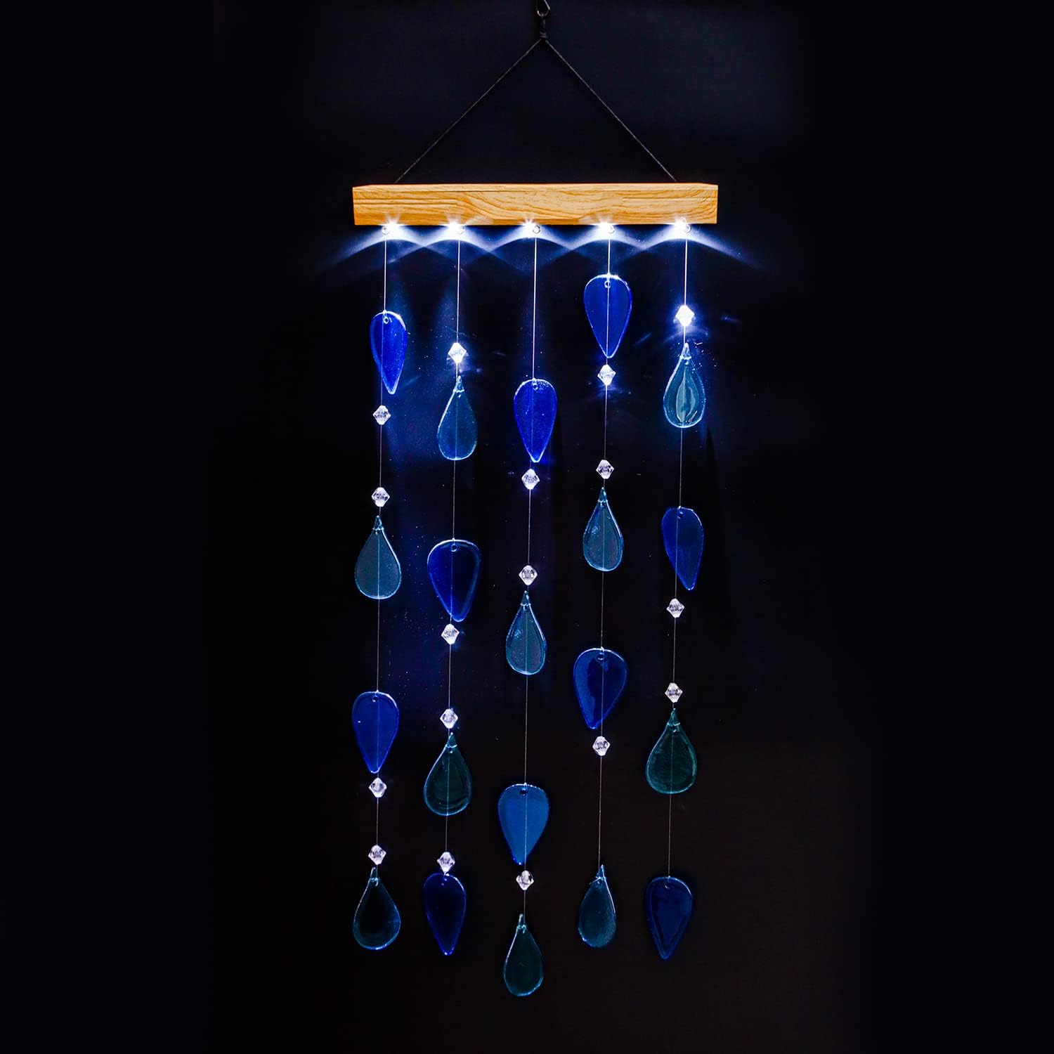 Topadorn Campanillas de viento decorativas con luz solar para el hogar, jardín y patio, decoración de campanillas de viento móviles de cristal azul