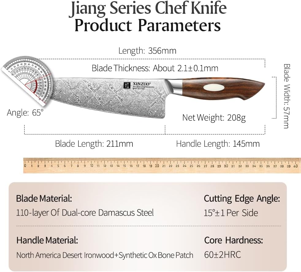 XINZUO Cuchillo de chef de acero de Damasco de 8.3 pulgadas, 110 capas, cuchillo de cocina profesional forjado a mano, espiga completa, cuchillo