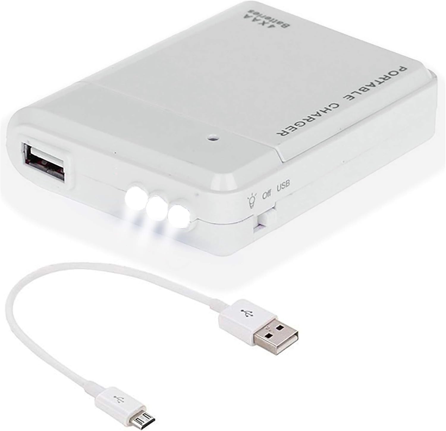 Cargador de batería AA portátil funciona para Xiaomi Redmi 4X y cargador de emergencia con luz LED (toma 4 pilas AA, MicroUSB) blanco