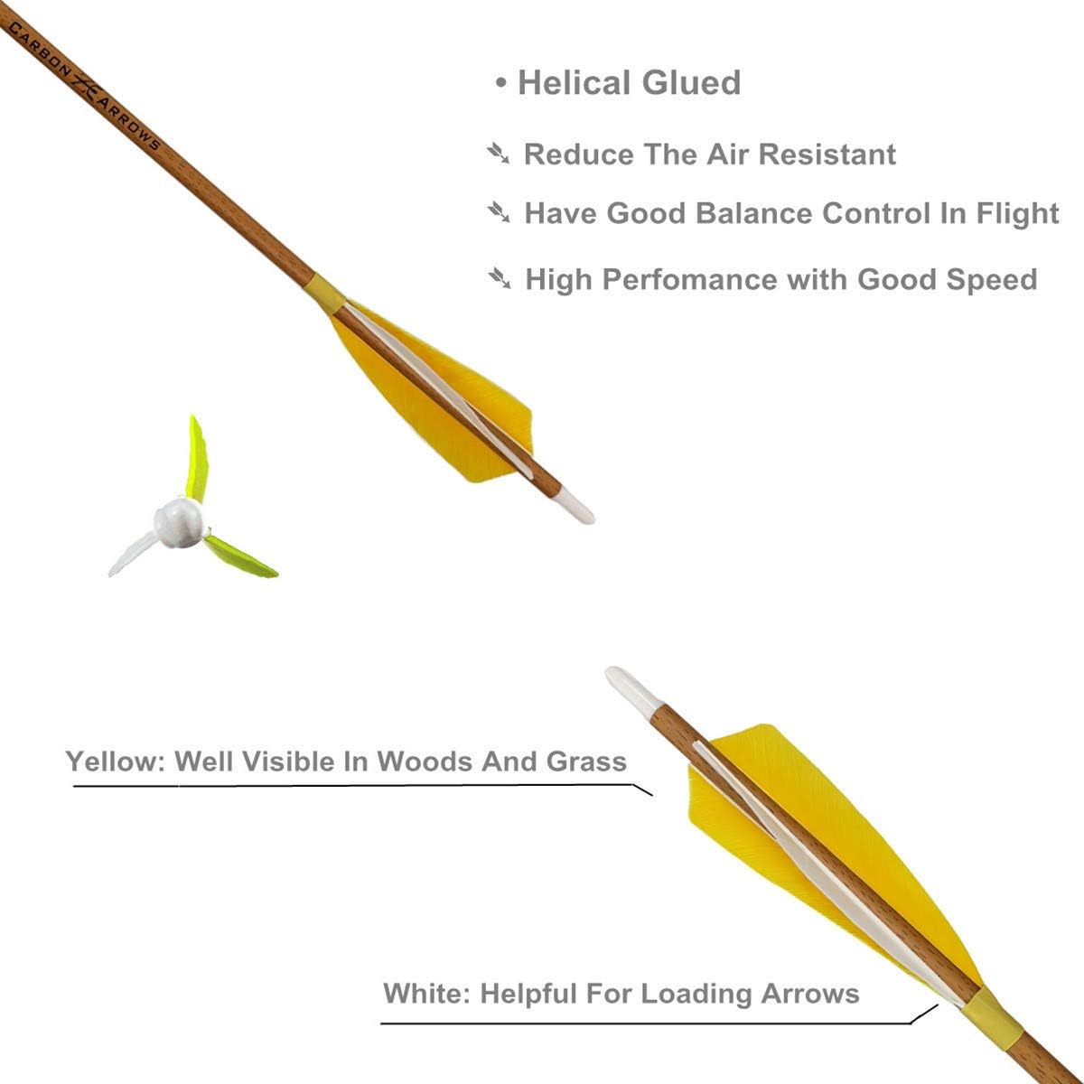 Archery – Flechas de carbono 500 columna vertebral con plumas helicoidales reales y puntas extraíbles para arco recurvo compuesto (paquete de 6)
