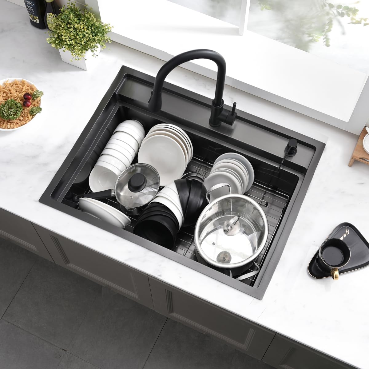 Fregadero de cocina de 28 pulgadas, con protección contra salpicaduras, color negro, fregadero de montaje superior, calibre 16, fregadero grande de