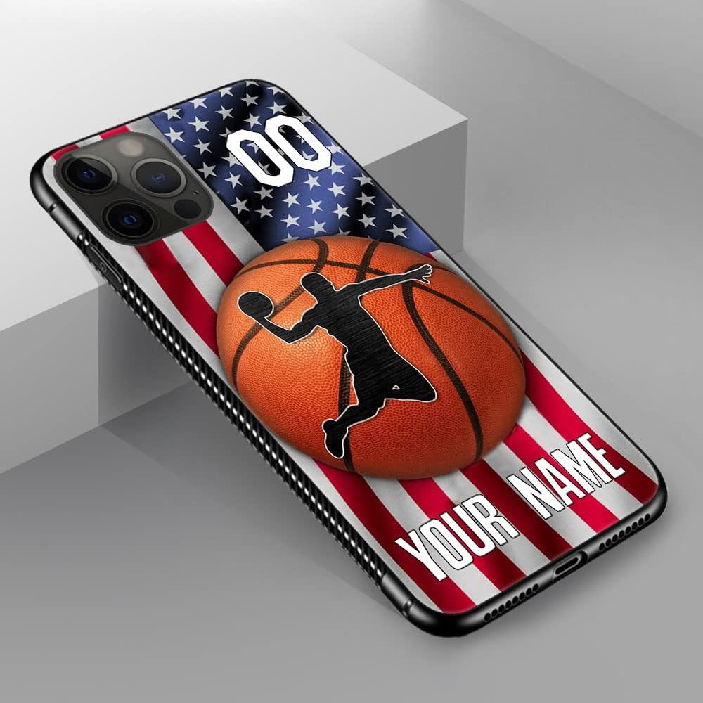 DAIZAG Funda compatible con iPhone 13 Mini personalizada de baloncesto con bandera estadounidense, funda de teléfono deportiva para hombres y niños,