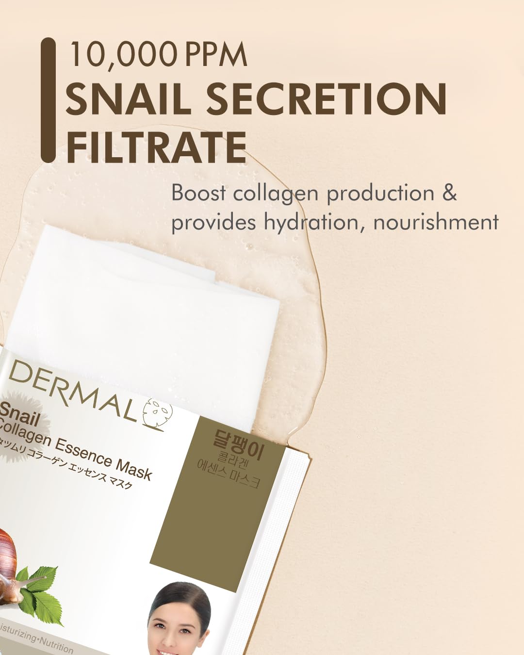 DERMAL Caracol – Máscara facial con esencia de colágeno, hoja de 0.81 oz, paquete de 10 unidades, regeneradora de la piel y cuidado de problemas