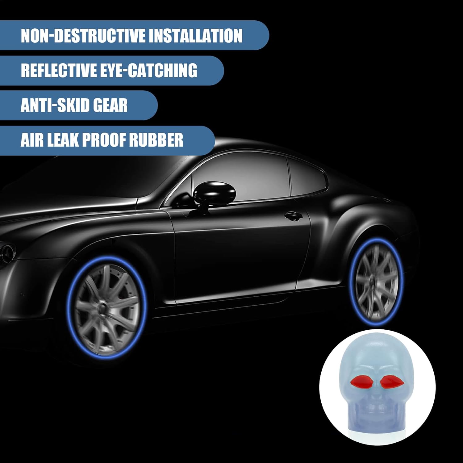4 tapas de válvula de neumático de automóvil, mini tapa luminosa en forma de calavera, compatible con la mayoría de automóviles y motocicletas (azul)