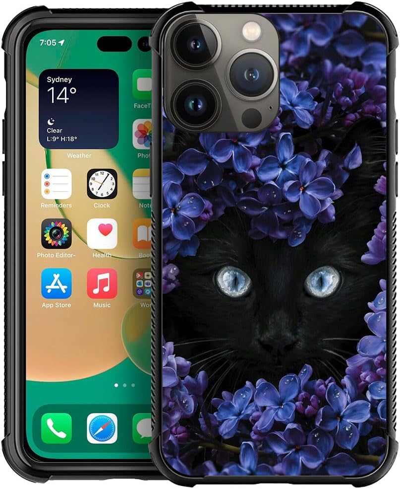 CARLOCA Funda compatible con iPhone 15 Plus, funda negra con patrón de gato Mumbai Clivia para iPhone 15 Plus, ultra protección, a prueba de golpes,
