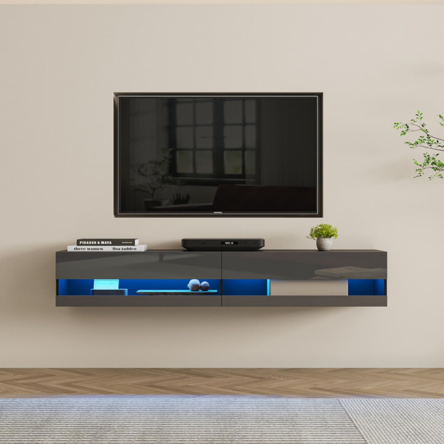 Armario flotante de TV montado en la pared con luces LED, centro de entretenimiento de alto brillo con almacenamiento, consola multimedia moderna de