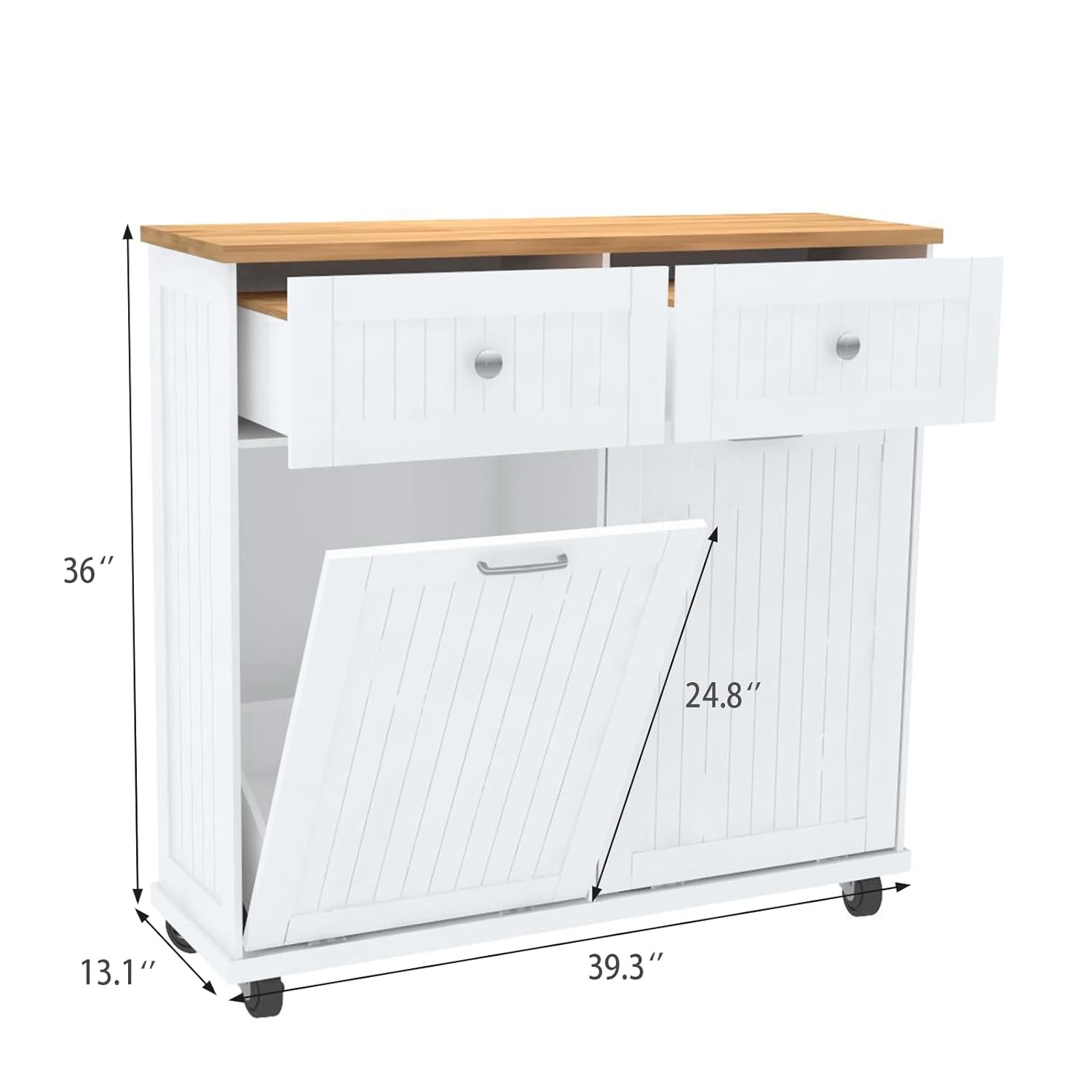 Armario de basura de doble inclinación de 20 galones, armario de reciclaje de basura de madera independiente con cajón y ruedas, gabinete de basura