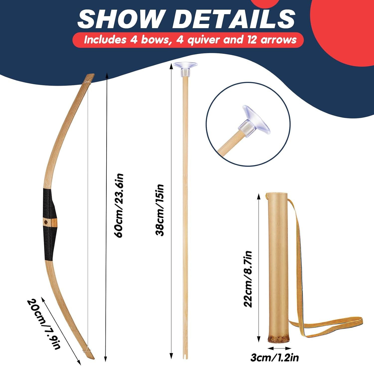 Juego de arco y flecha de madera para niños, incluye 4 lazos de madera, 12 flechas de madera con ventosas y 4 soportes para flechas para jugar al