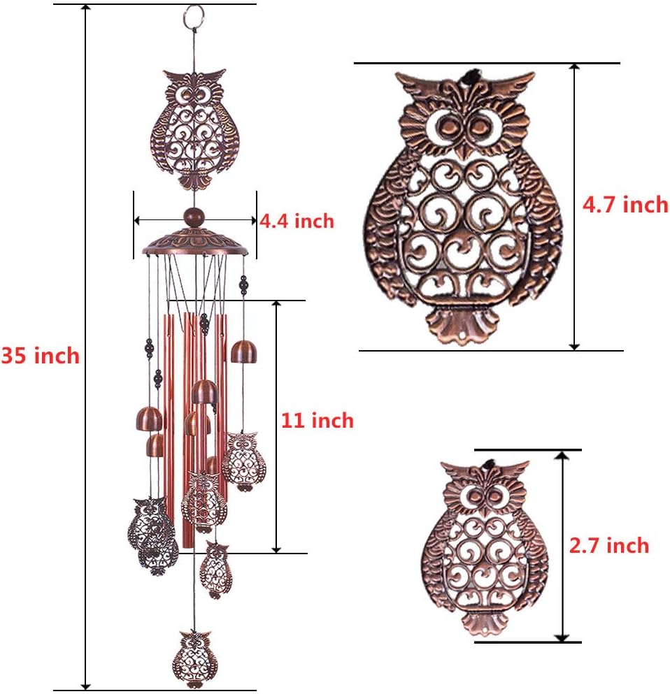 Campanillas de viento de búho para decoración de interiores y exteriores, con 4 tubos de aluminio, 6 campanas, 7 búhos, 37 pulgadas, impermeables,