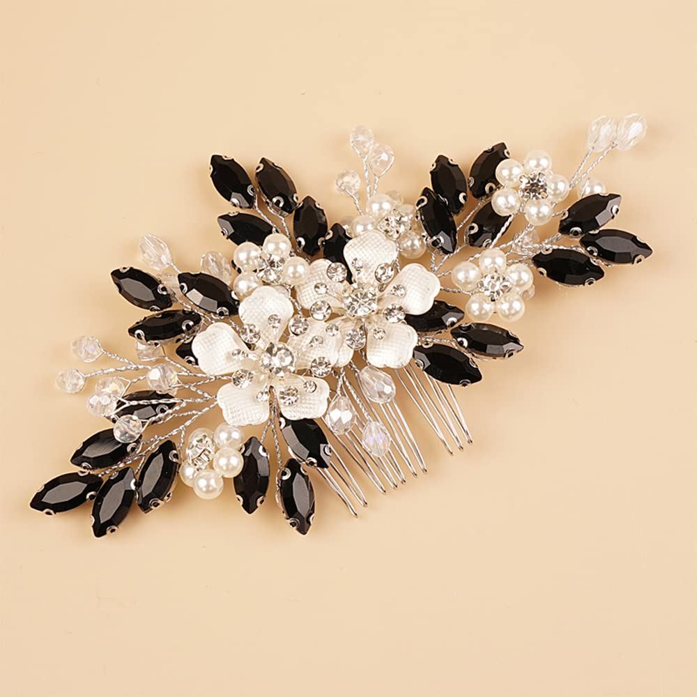 Peine de pelo con diamantes de imitación de cristal negro con flores plateadas, perlas, lágrima y diamantes de imitación, diadema de boda, perlas,