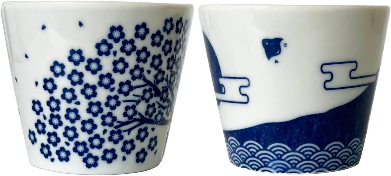 Juego de 2 tazas de sake japonesas – Sakura y Monte Fuji Design, cerámica de color índigo, 3.9 onzas líquidas, para bebidas frías y calientes, taza