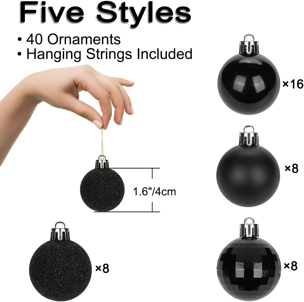 Adornos de bolas de Navidad negras de 1.57 pulgadas, 40 piezas inastillables, juego de adornos de bolas de Halloween, adornos negros para árbol de