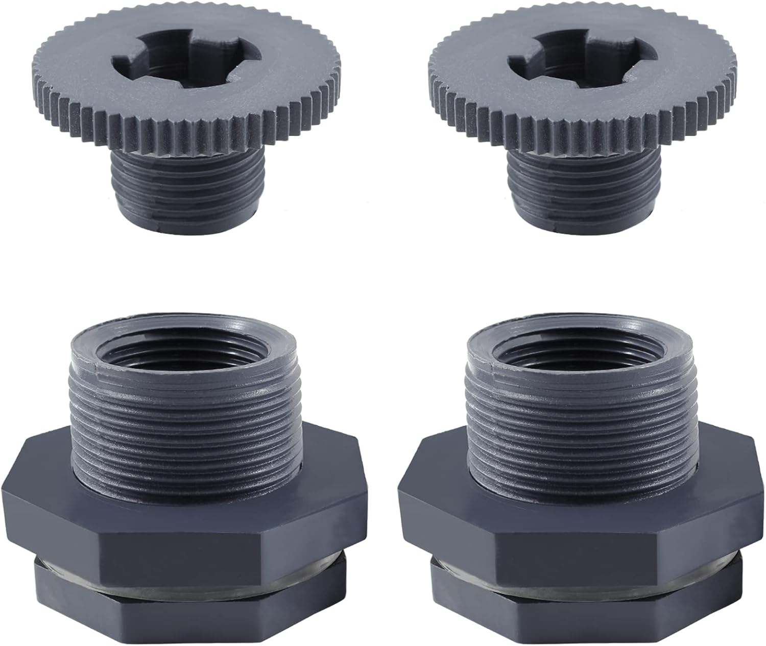 Paquete de 2 conectores hembra de PVC NPT de 1 pulgada, conector de tanque de agua con tapones para barriles de lluvia, acuarios, gris oscuro (juego