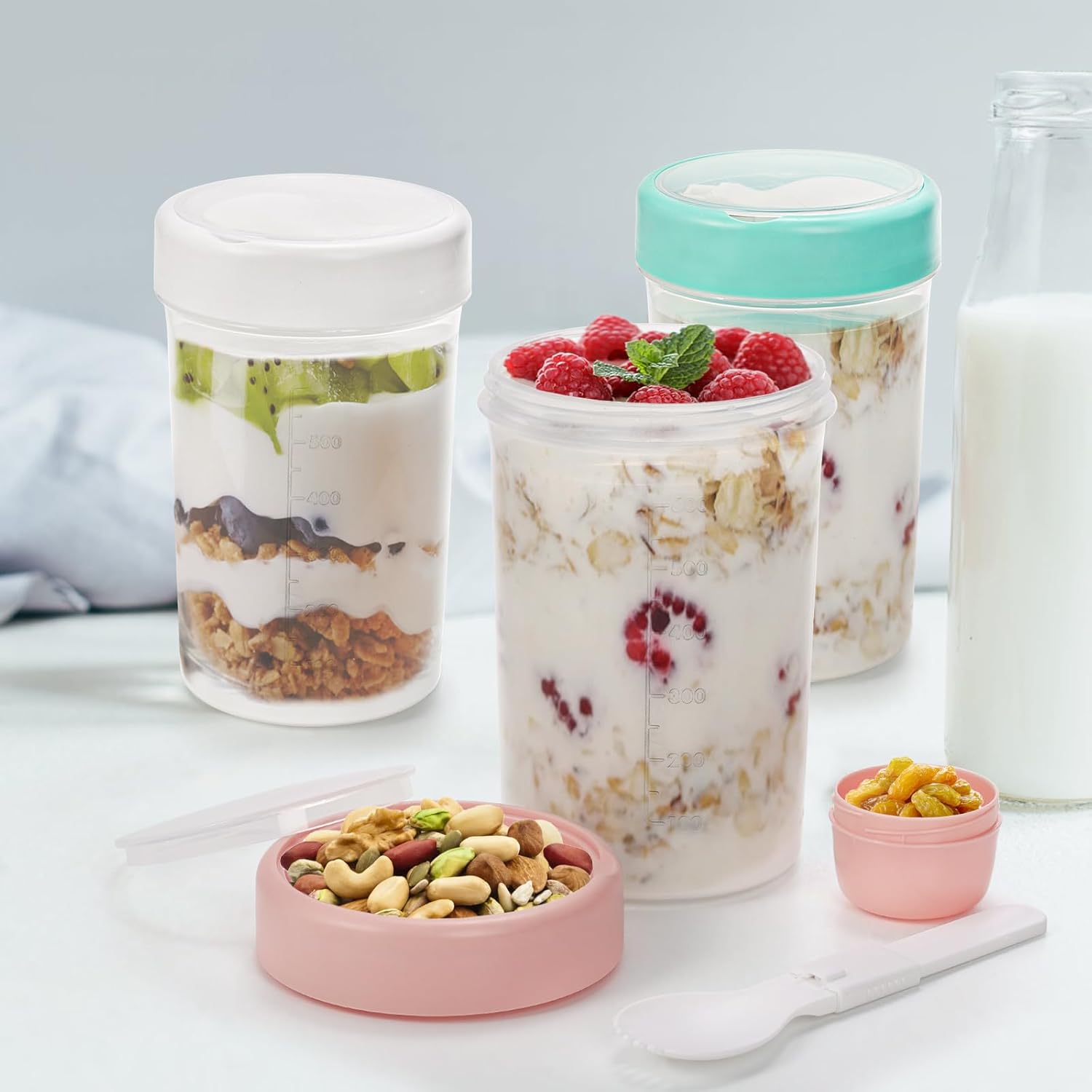 Noamus Paquete de 3 vasos para ensalada, vaso portátil de cereales de 26 onzas con tapas y tenedor, recipiente de yogur para parfait con aderezo