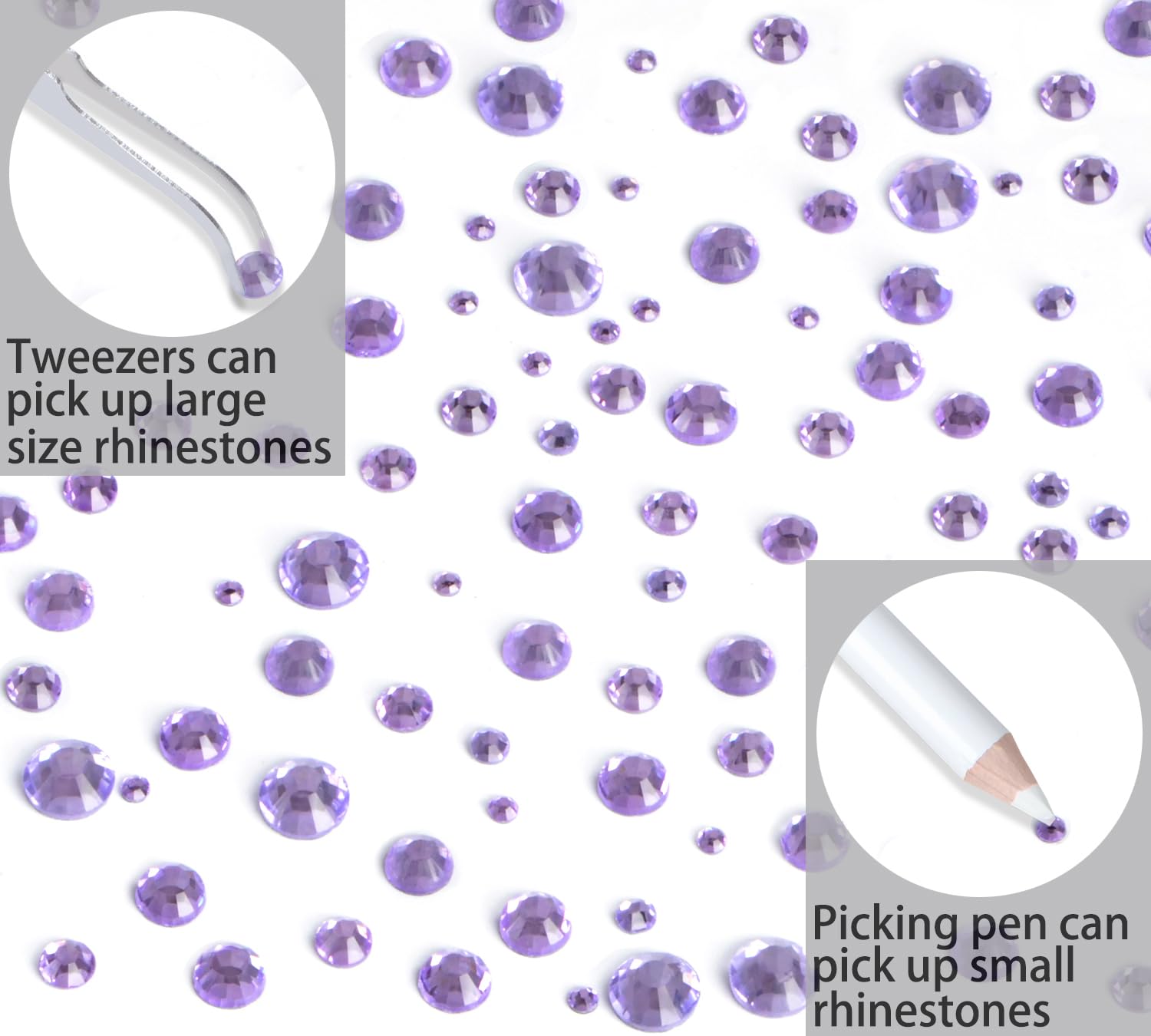 10000 unidades de 5 diamantes de imitación termoadhesivos violetas de tamaño mixto para manualidades, ropa, arte de uñas con pinzas y lápiz para