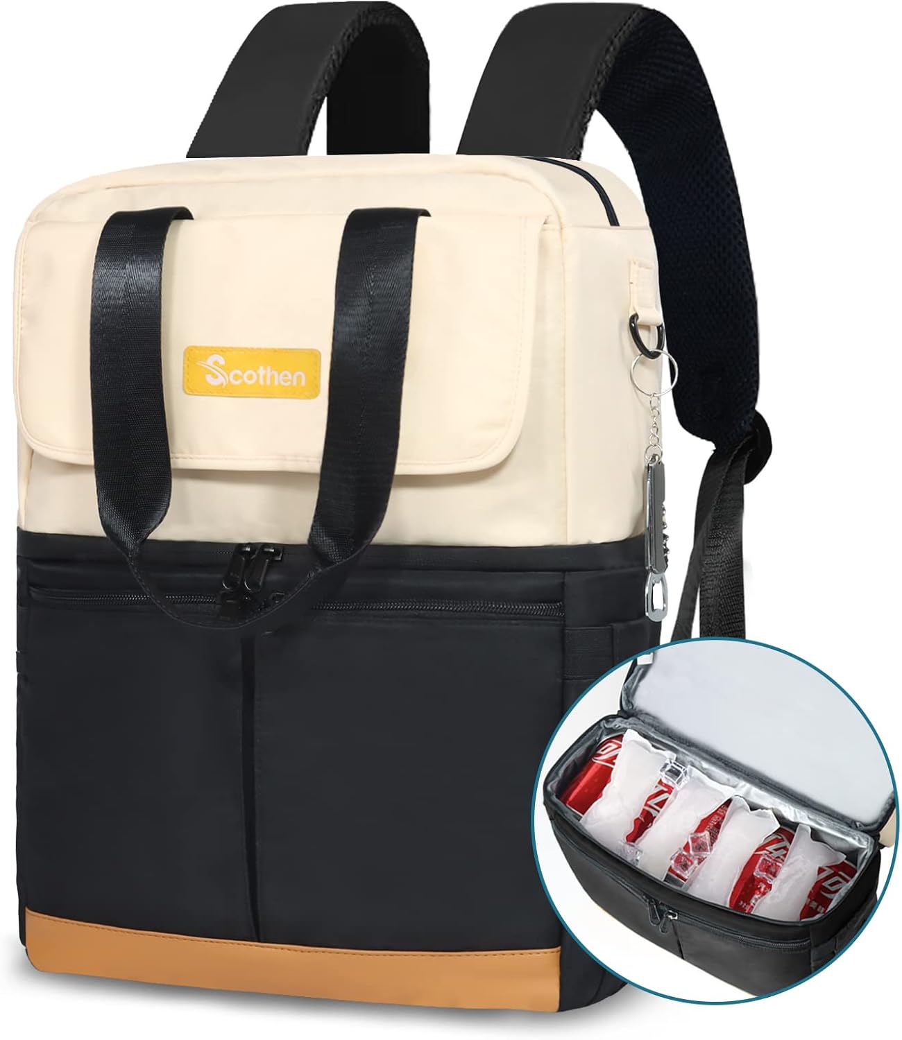 Scothen Mochila enfriadora con doble piso y 12 paquetes de hielo, mantiene 36 latas frías hasta 24 horas, mochila térmica aislada impermeable y a