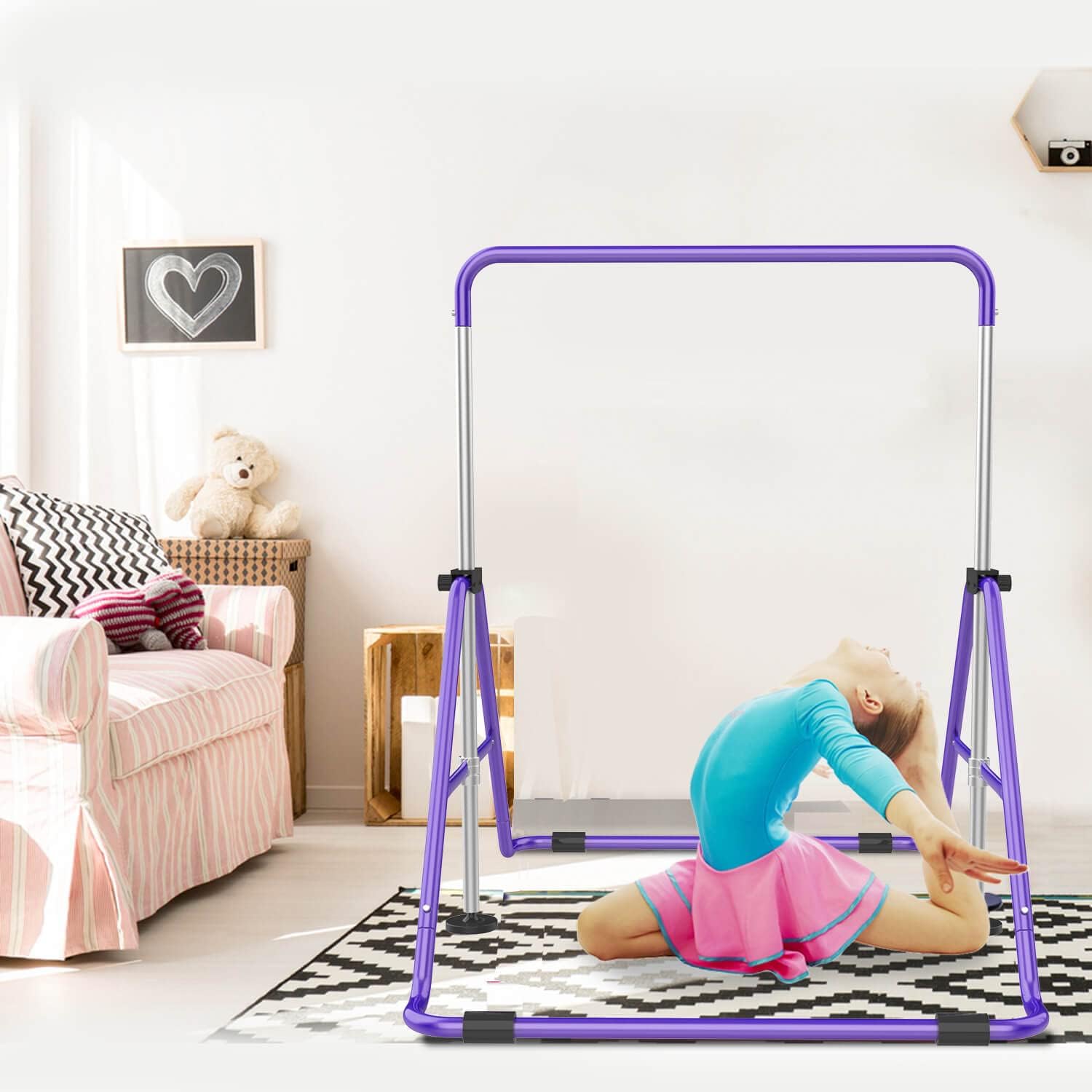 Barras de gimnasia para niños con altura ajustable, barra de entrenamiento de gimnasia plegable, barra horizontal expandible junior para el hogar