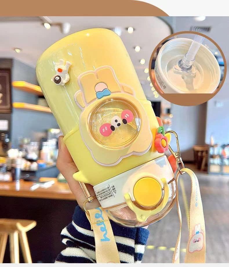 Kawaii Bear – Botella de agua con popote y correa para el hombro, a prueba de fugas, de acero inoxidable al vacío, sin BPA, lindas botellas de agua
