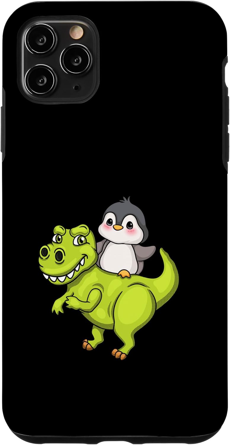 Funda para iPhone 11 Pro Max Cute Penguin Riding T Rex Funny Dinosaur Cute Animal Lover Case