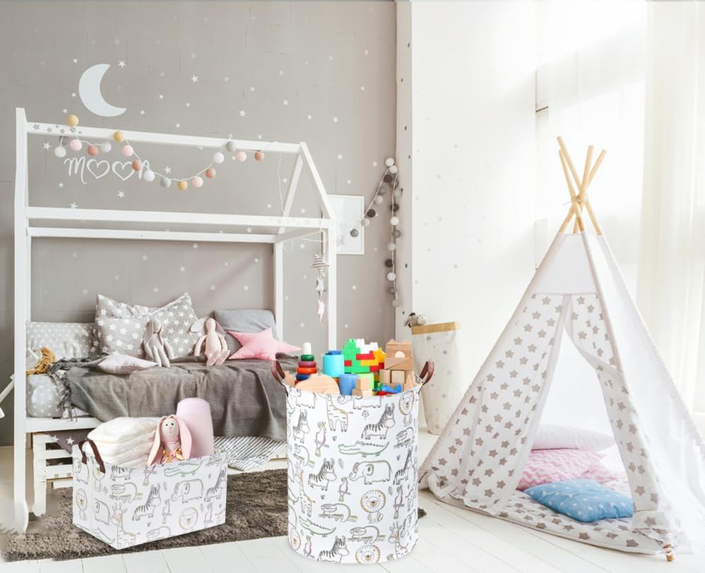 Cesta de lavandería para niños, canasta plegable verde para decoración de habitación de niños, canasta de animales, bonita canasta de