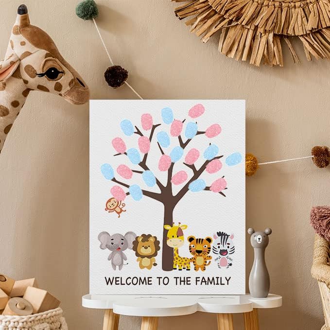 Árbol de huellas dactilares para revelación de género, lindos animales, ideas de libro de invitados para baby shower, ideas de fiesta de revelación